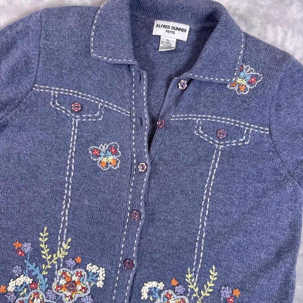 Alfred Dunner Embroidered Floral Butterfly Cardigan Womens Petite L Blue SS